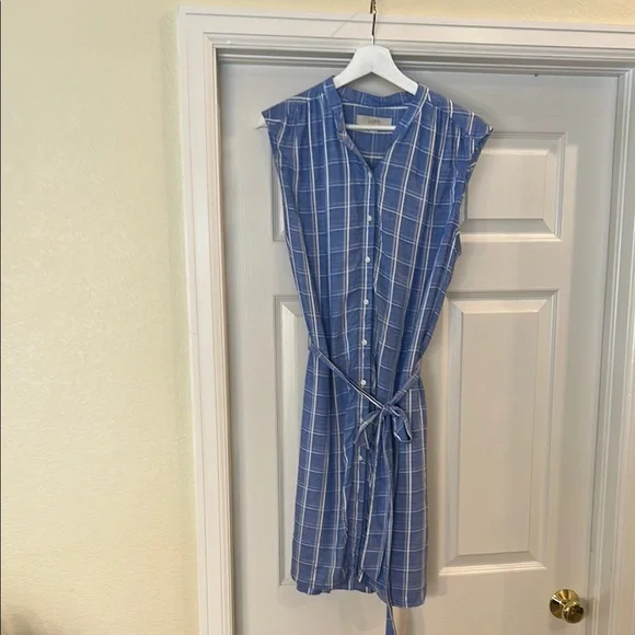 LOFT Light Blue Checkered Sleeveless Dress - Picture 2 of 7